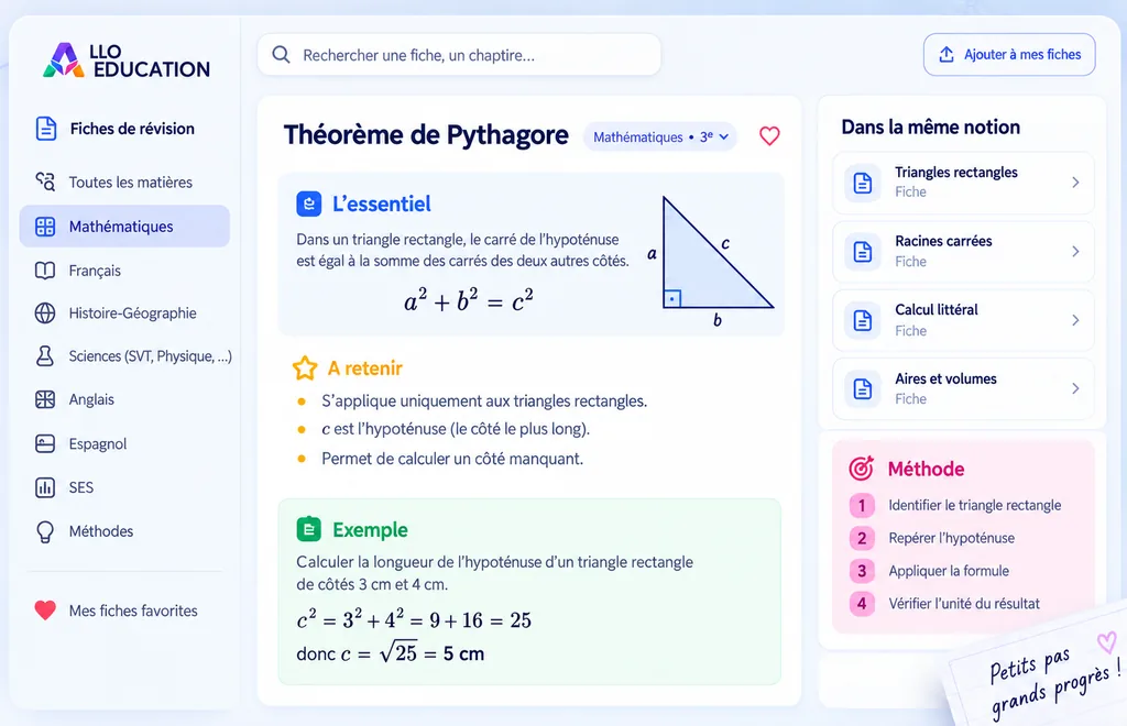 Fiches de révision Allo Éducation : fiche Théorème de Pythagore